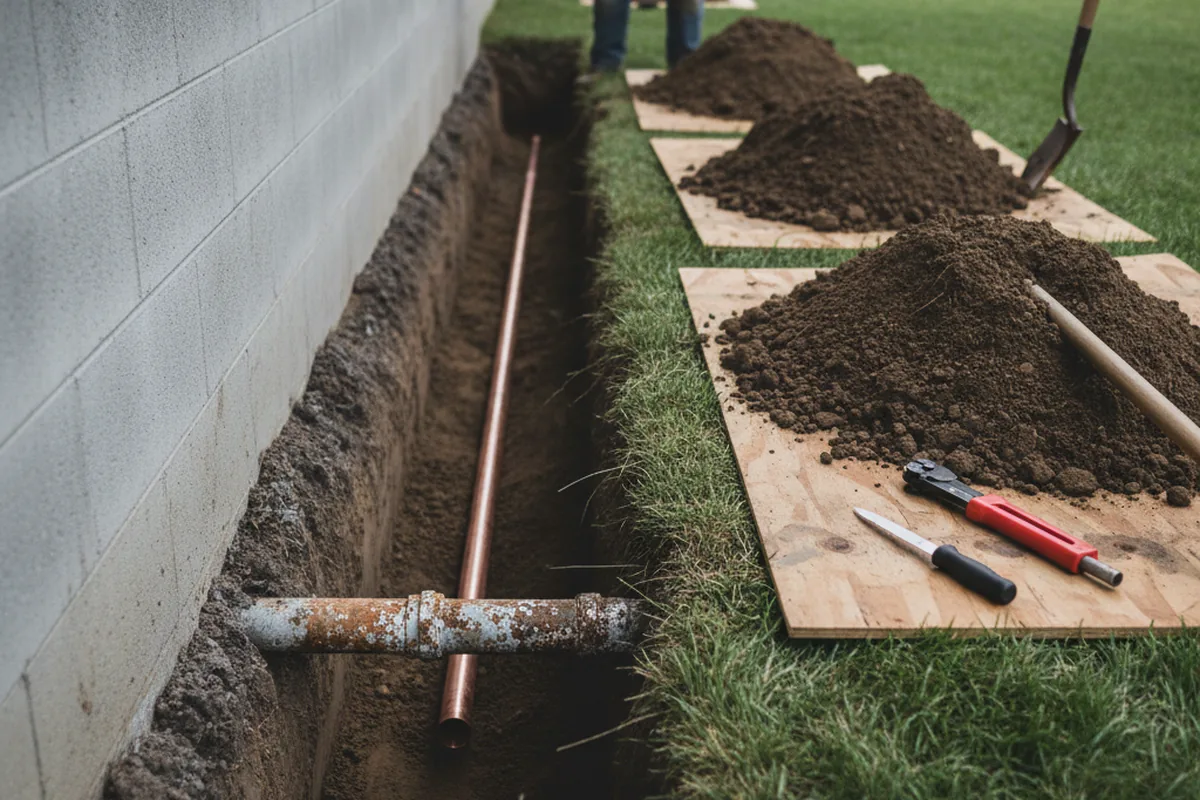 Excavated water line trench during Water Softener Installation in Funston